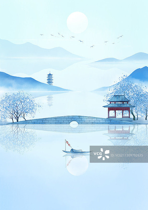国风山水画断桥圆月图片素材