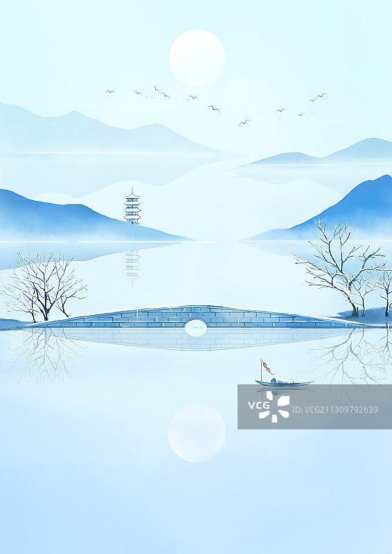国风山水画断桥圆月图片素材