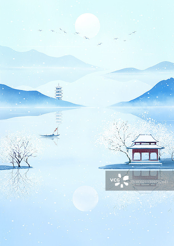 国风山水画断桥圆月图片素材