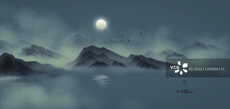 夜晚鱼灯水墨意境插画图片素材