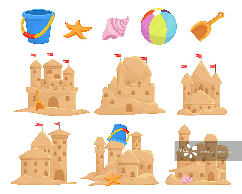 沙堡套装和儿童玩具桶贝壳图片素材