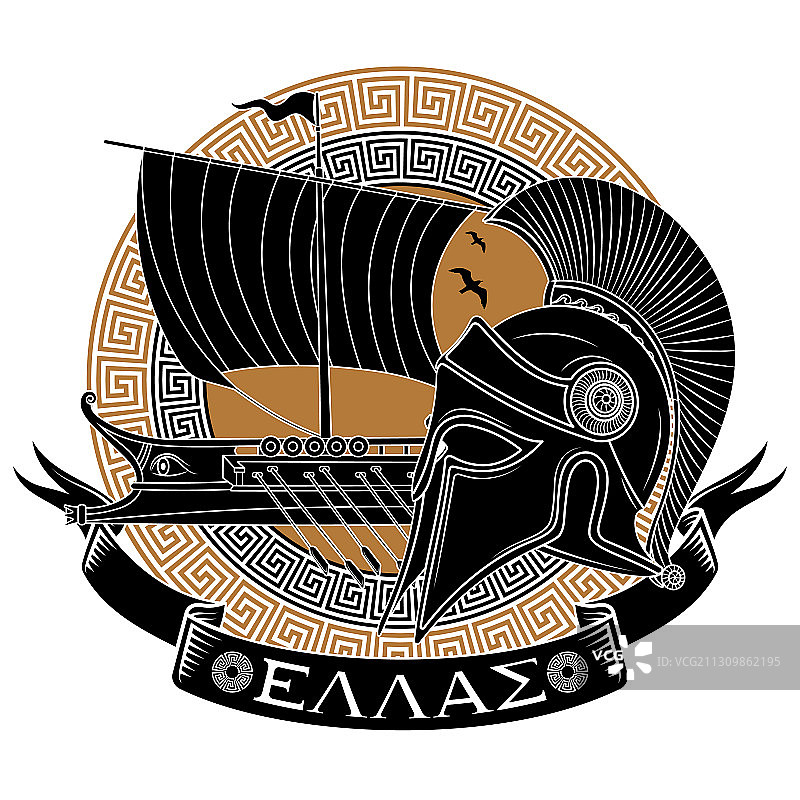 古希腊头盔与古代帆船图片素材