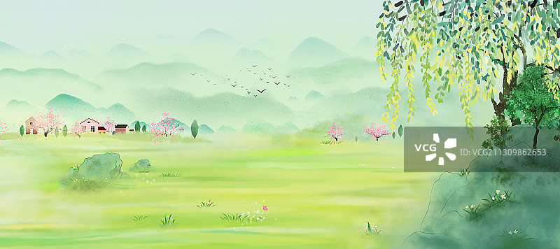 春天田园山村风景传统中国画图片素材