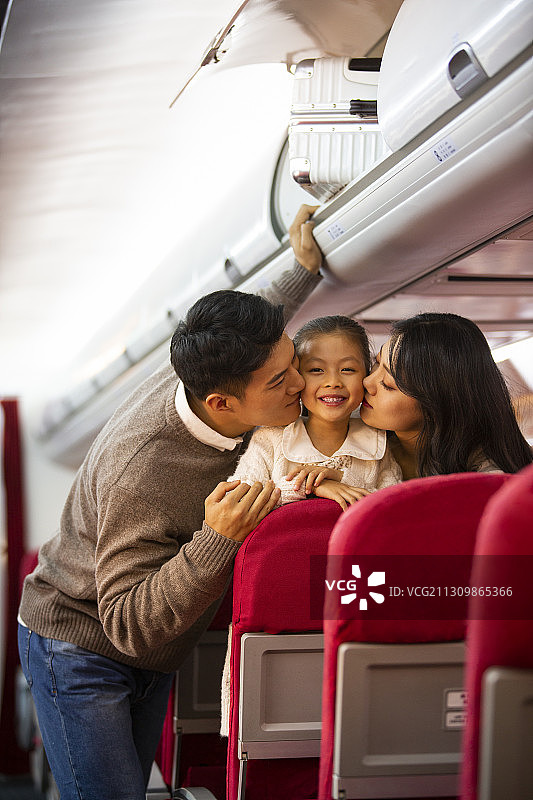 一家三口坐飞机旅行度假图片素材