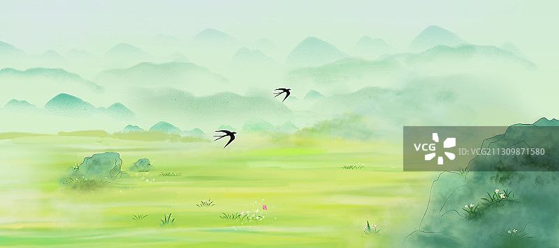 春天草地远山插画背景图片素材