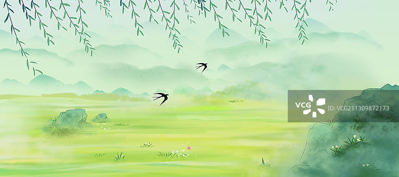 春天草地远山插画背景图片素材