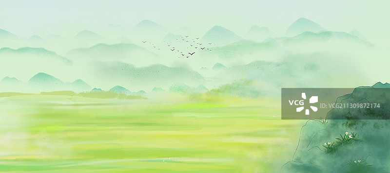 春天草地远山插画背景图片素材