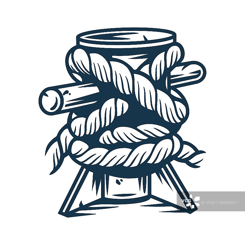 系在码头上的旧船用系缆桩和绳索图片素材