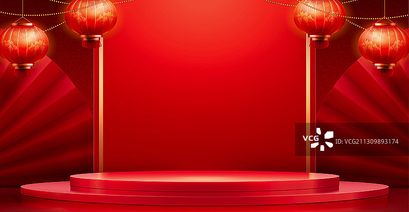 中国风留白红背景栏与纸扇背景装饰图片素材