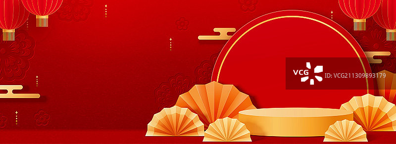 折扇红色三维产品展台横幅模板图片素材