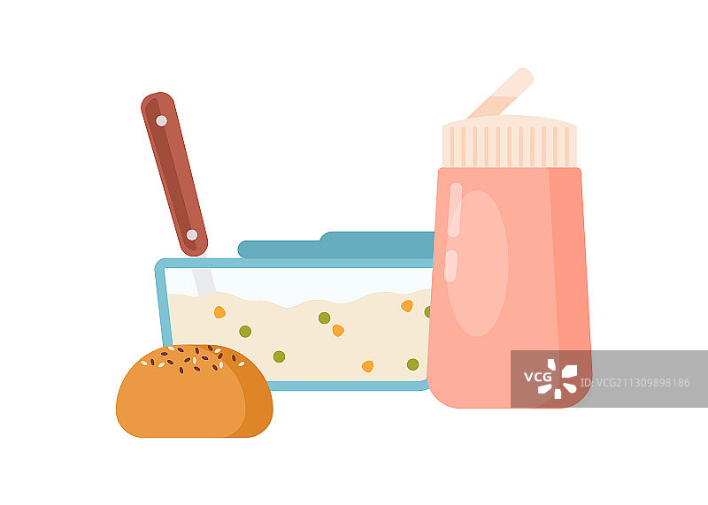 美味粥和面包扁平午餐盒图片素材