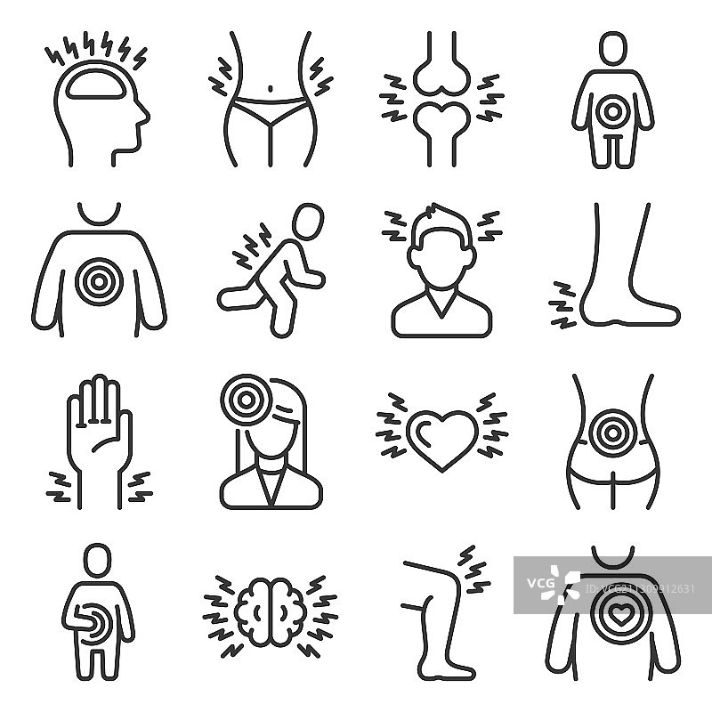 白色背景上的人体疼痛图标集图片素材