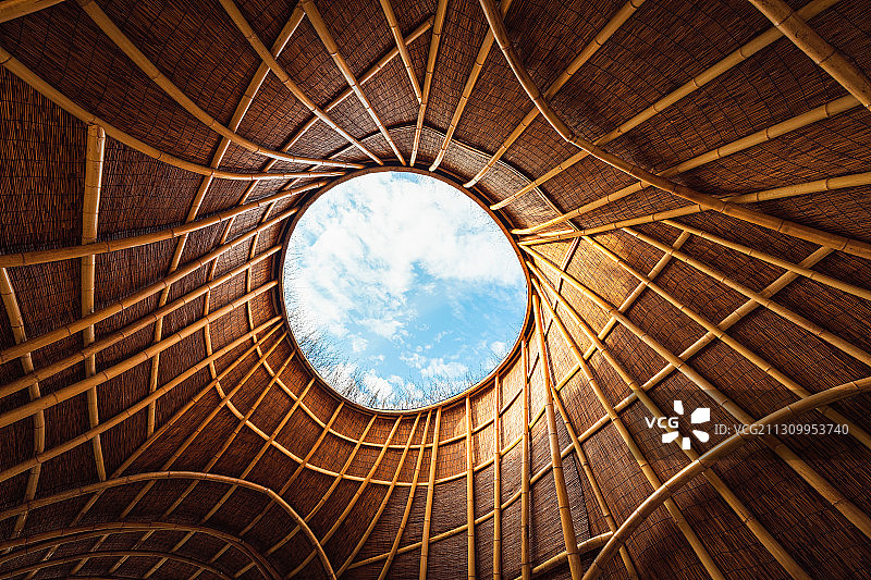 竹海观天--浙江安吉余村村竹建筑内景图片素材