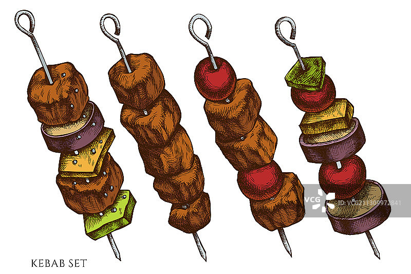 手绘彩色烤肉串套装图片素材