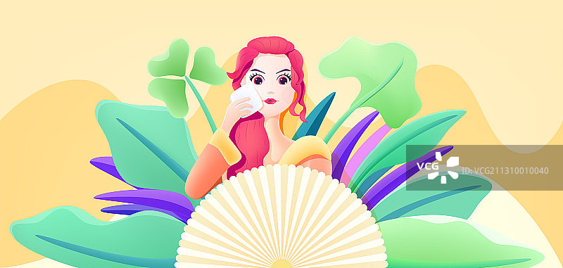 正在大自然绿色植物中化妆的美丽女孩手绘矢量插画图片素材