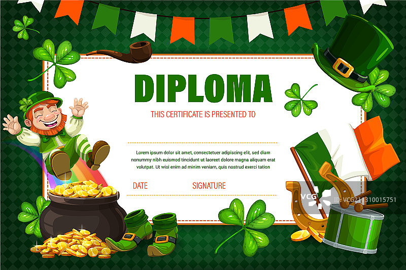 带有爱尔兰小妖精的儿童证书文凭图片素材