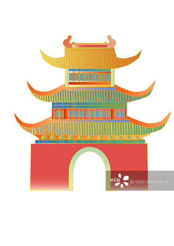 新中式建筑红砖绿瓦城门城楼矢量插画图片素材
