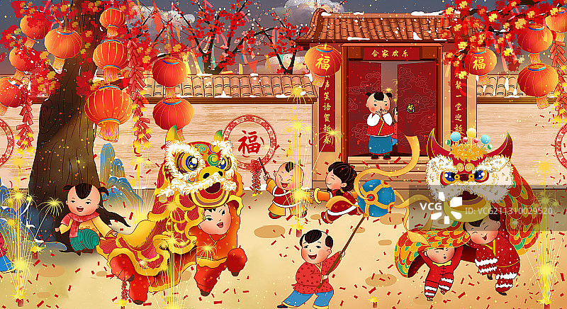2021牛年春节年画一群孩子欢愉的舞狮放鞭炮图片素材