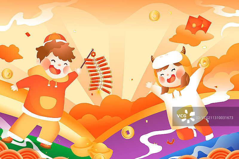 卡通春节新年2021牛年生肖本命年元旦除夕跨年中国风矢量插画图片素材