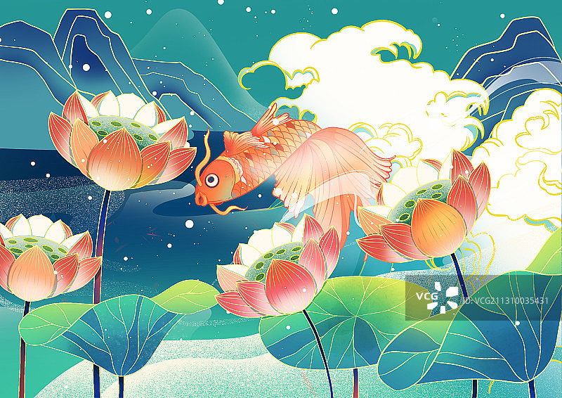国潮风盛开的荷花与跳跃的鲤鱼图片素材