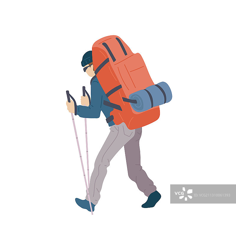 男人携带登山背包和徒步杖图片素材
