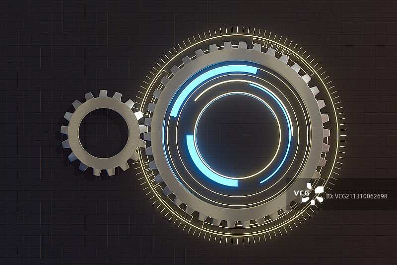 金属齿轮与深色背景 3D渲染图片素材