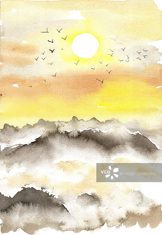 落日余晖中的山脉图片素材