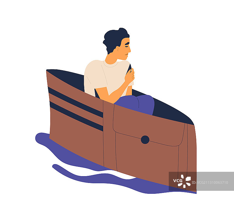 沮丧男人因空钱包漂浮在池塘图片素材