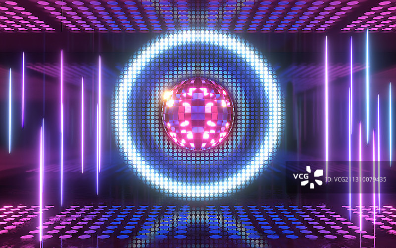 迪斯科球与霓虹灯光 3D渲染图片素材