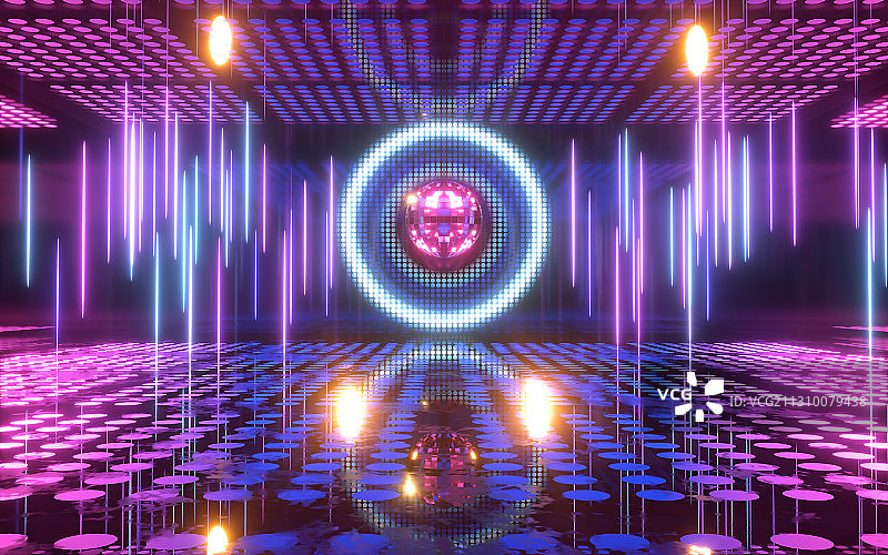 迪斯科球与霓虹灯光 3D渲染图片素材