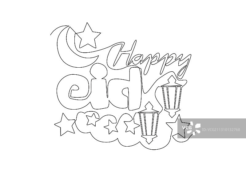 单线连续绘画：快乐的开斋节图片素材