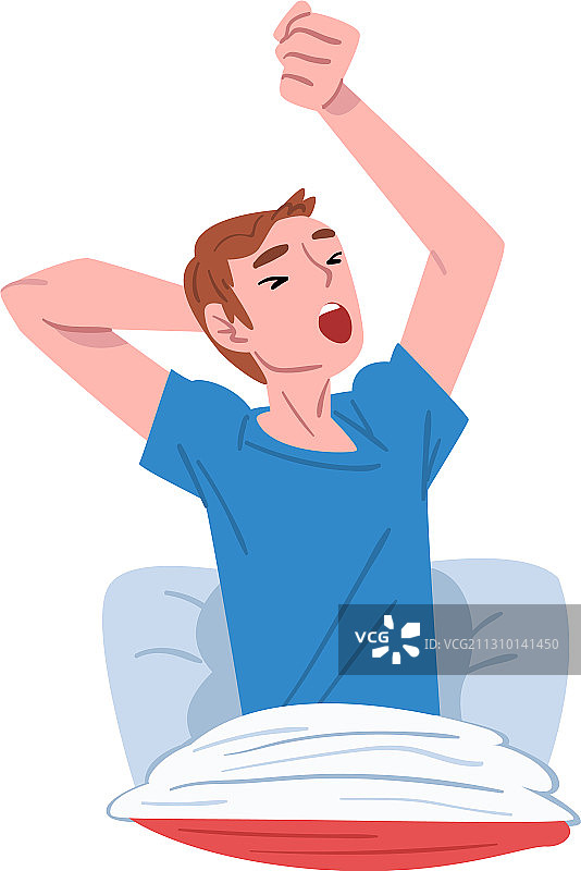 年轻男人醒来后在床上伸展身体图片素材