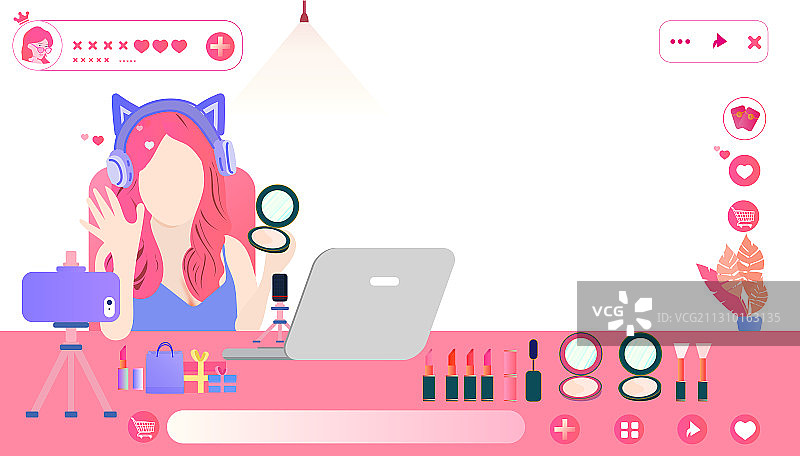 直播间美女网红直播卖商品插画图片素材
