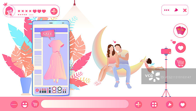 直播间美女网红直播卖商品插画图片素材