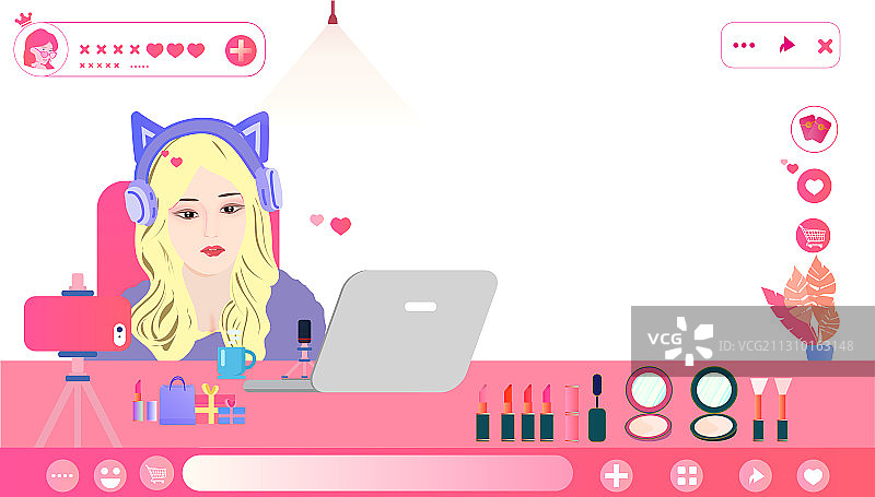 直播间美女网红直播卖商品插画图片素材