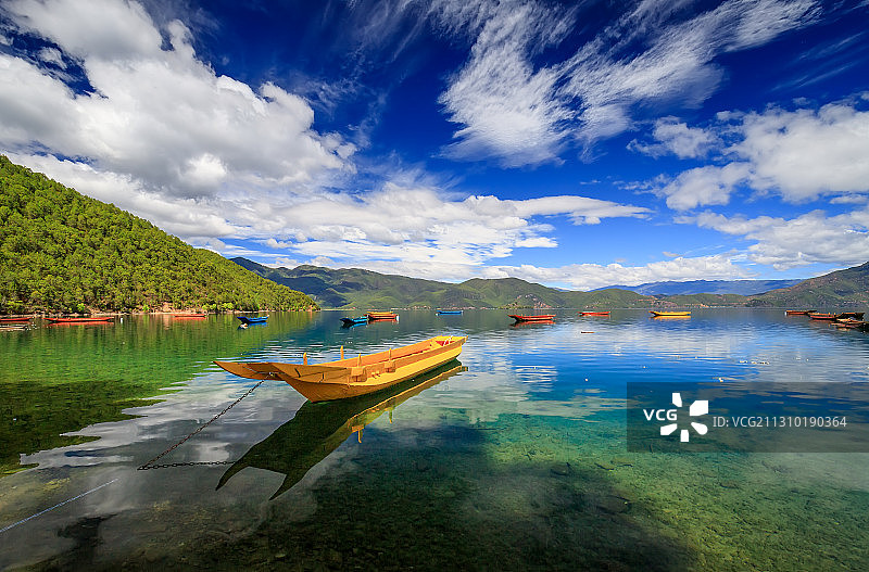 中国云南丽江泸沽湖女神湾船只自然风光美景图片素材