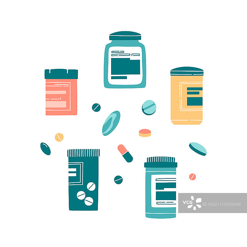 不同药罐药丸胶囊组合图片素材