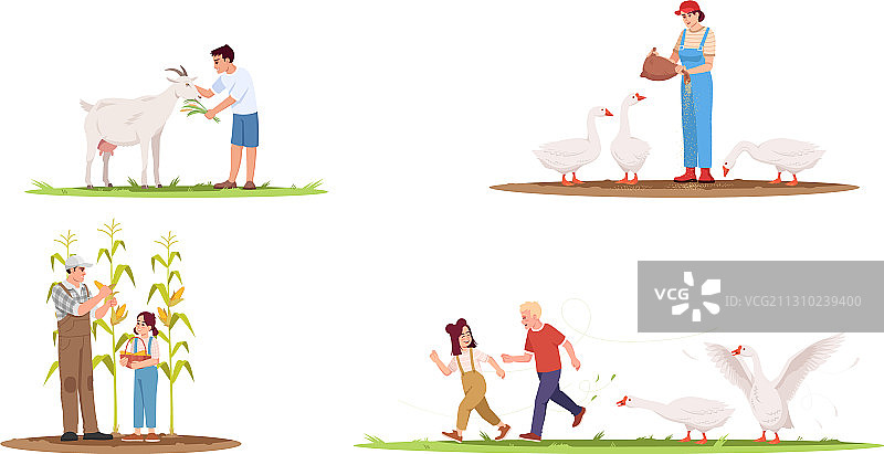 带主人的半扁平风格农场动物图片素材