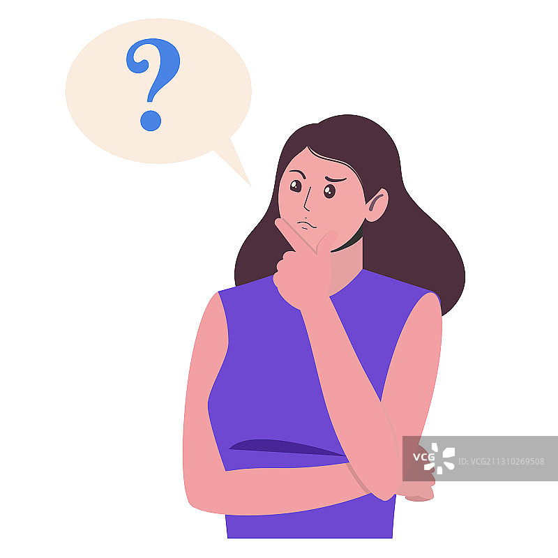 思考中的卡通年轻女人和问号图片素材