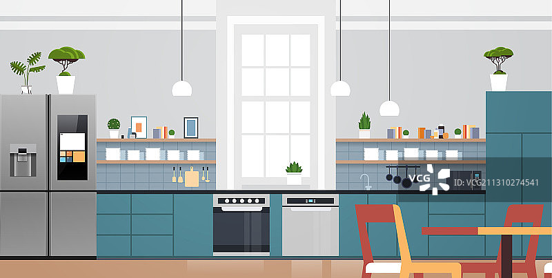 配备新冰箱烤箱的现代厨房内景图片素材