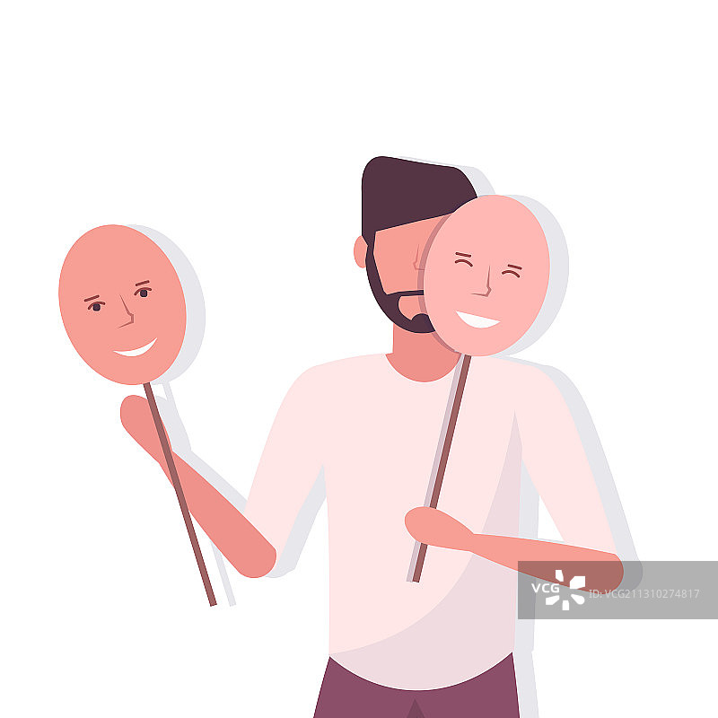 沮丧的男人拿着积极的面具遮盖自己图片素材