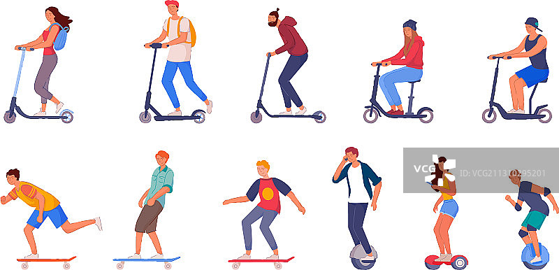 人们骑着环保交通工具的场景，白色背景图片素材