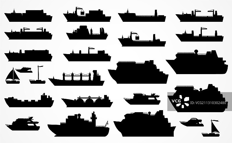 不同船只黑色轮廓合集图片素材