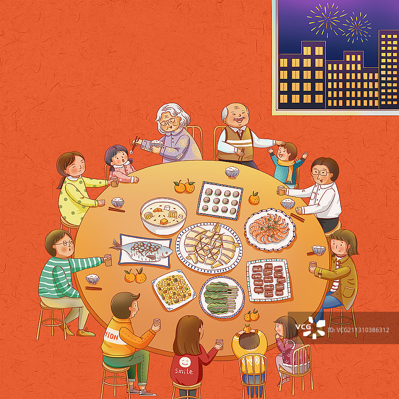 一家人围着圆桌在吃饭团聚图片素材