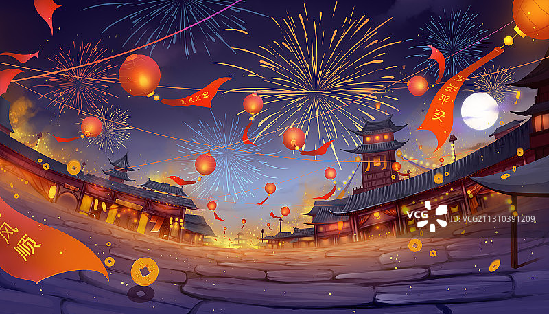 春节夜晚庆典烟花灯笼插画图片素材