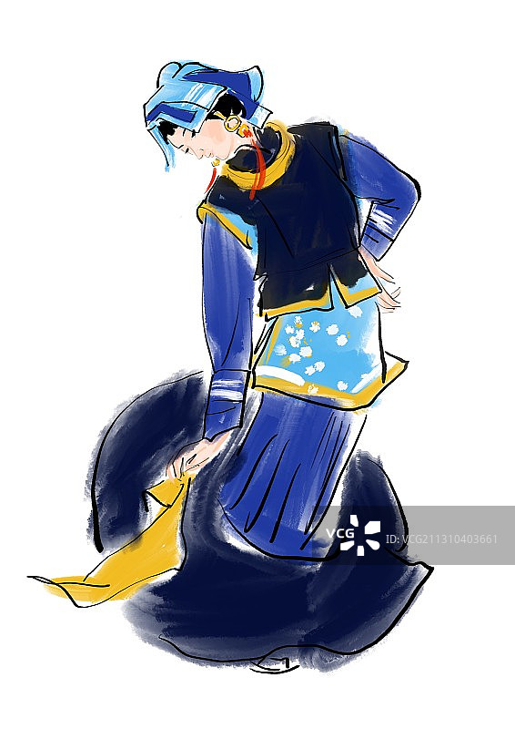 水墨中国画苗族女孩能歌善舞插图图片素材