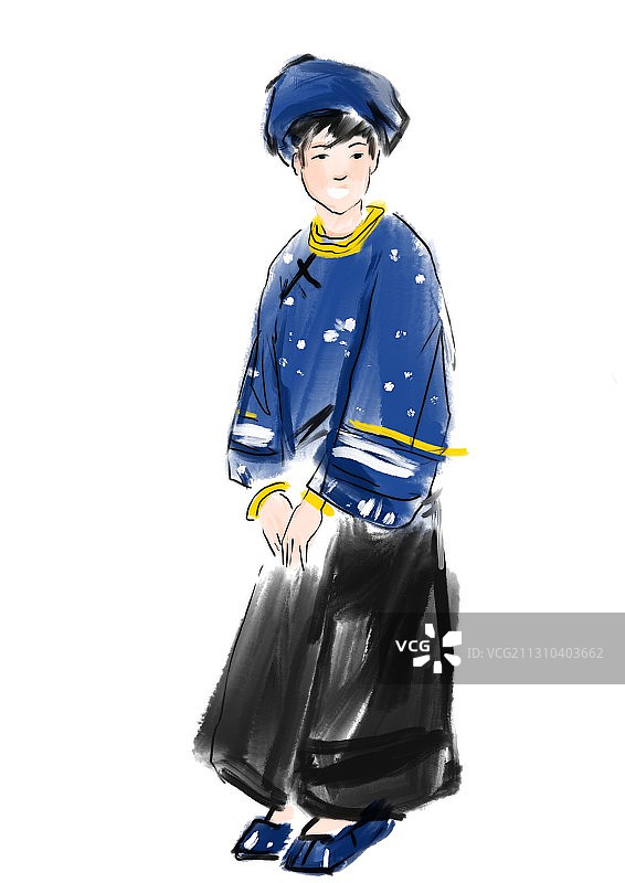 水墨中国画苗族女孩能歌善舞插图图片素材