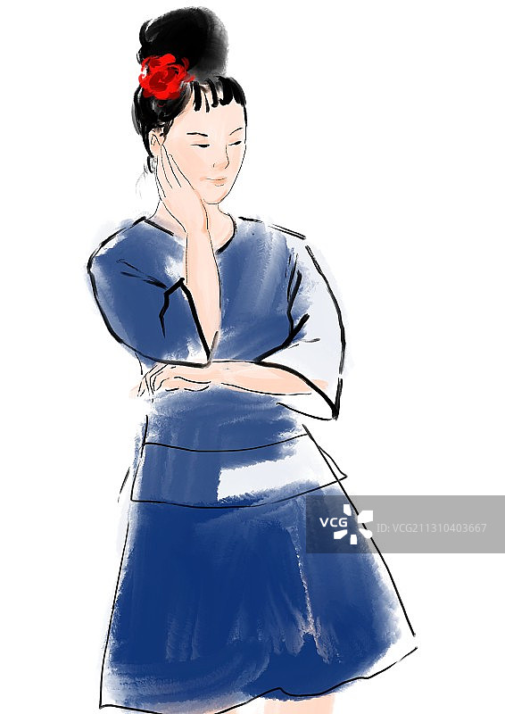 水墨中国画苗族女孩能歌善舞插图图片素材