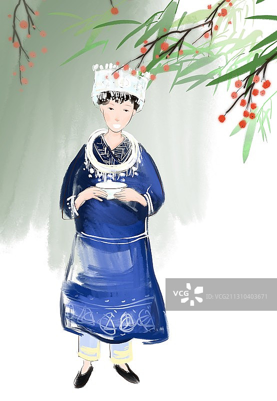 水墨中国画苗族女孩能歌善舞插图图片素材