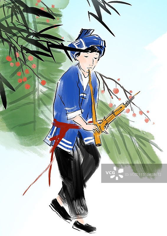 水墨中国画苗族女孩能歌善舞插图图片素材